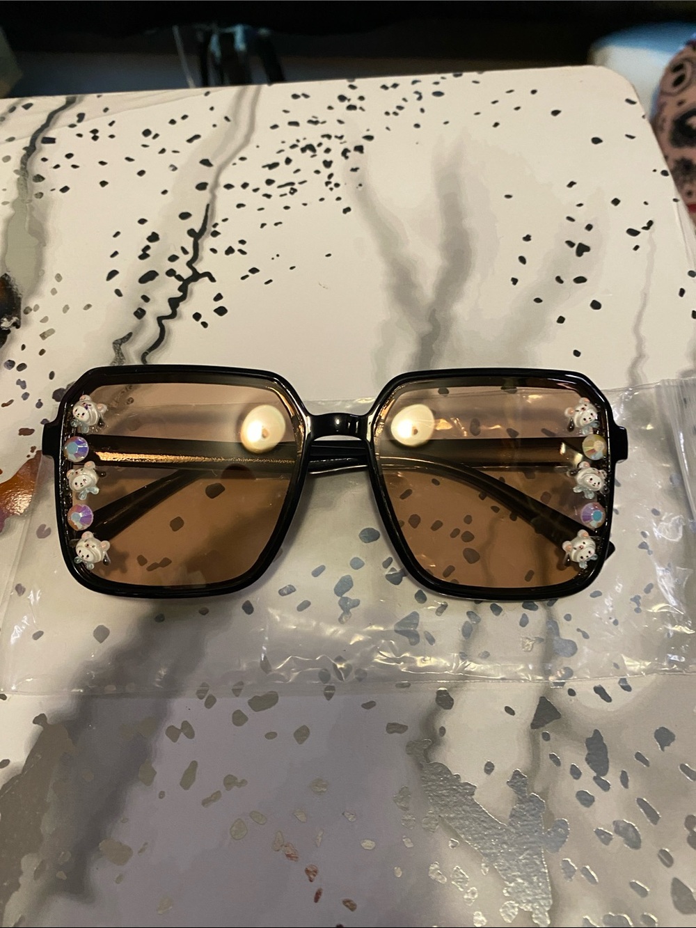 NWOT Stylish Black Frame Brown Lens Women's Sunglasses with Pochacco Accent